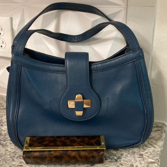 2pc Tory Burch Blue 💙 Leather Purse,Tory Burch Glasses Case,St Laurent Cloth - Picture 2 of 12